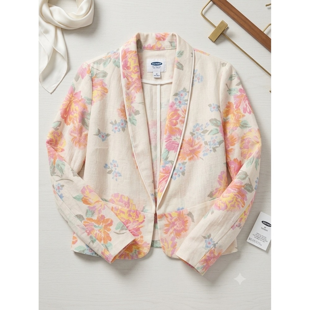 Old Navy Women Floral Linen Blend Open Front Cropped Blazer Jacket Cream Pink M